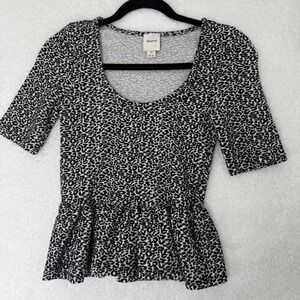 Maeve by Anthropologie Peplum Top XS Black White Animal Print Stretch Knit Blous